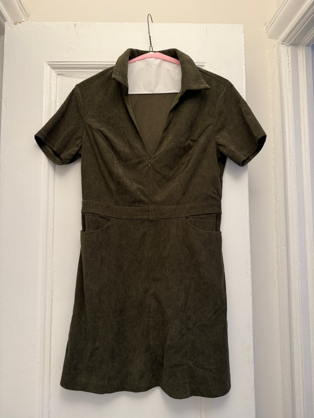Lulu's Olive Green Short-Sleeve Corduroy Mini Dress